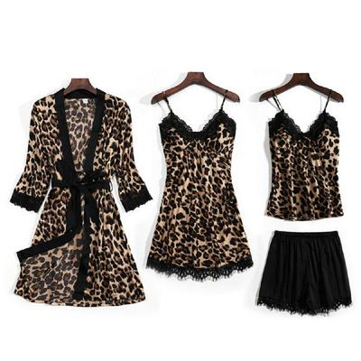 Four-piece Set Sexy Leopard Print Pajamas Suit  with Chest Pad Nightrobe for Summer