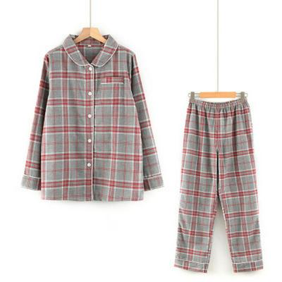Fashion Ladies Cotton Flannel Pajamas Set Simple Gray-red Plaid Lapel Cardigan Home Service