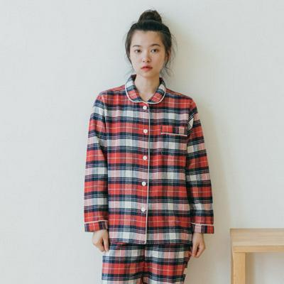 100% Cotton Flannel Pajamas Set Plaid Non-printed Style Sleepwear for Couples