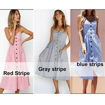 S-3XL Size Stripe Pattern Occident Summer with Large Pocket Single-Breasted Large Swing Type Sleeveless Sling Dress for Women