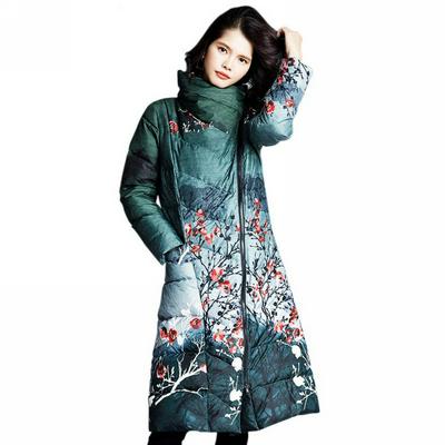 Winter Vintage Women's Down Jacket Chic Colored Print Long Section 90% White Duck Down Coat Warm Female Coat  