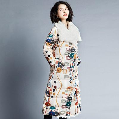 90% White Duck Down Thicken Warm Keeping Jacket Women Colored Printed Wool Roll Down Jacket Female Overcoat