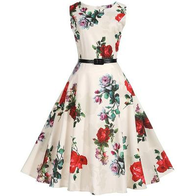 Vintage Hepburn Style Slim Waist Print Flower Dress Big Swing with Belt