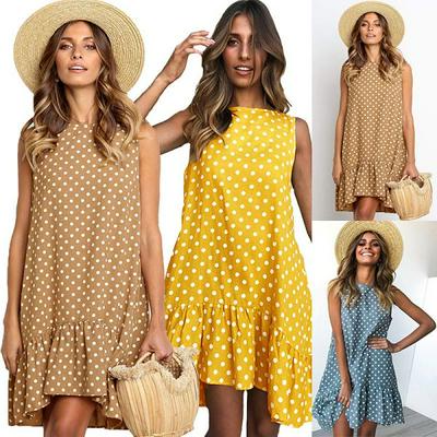 S-XL Size Polka-Dot Pattern Large Swing Type Round Neck Sleeveless Loose Large Ruffled Summer Casual Beach Dress for Women