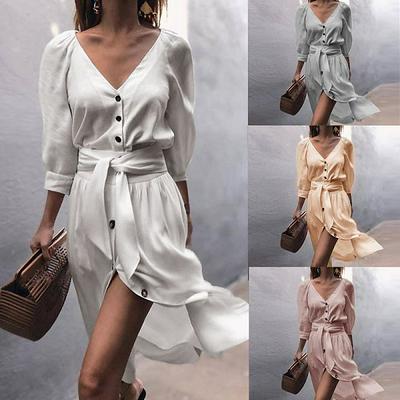 S-XL Size Solid Color Summer Sexy Comfortable V-Neck Bandage Button Mid-Sleeve Dress