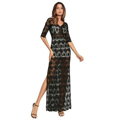 Translucent Dress Lace Backless Maxi Dress Sexy Hollow Out Women Dresses V-Neck Tunic Split Party Elegant Embroidery Long