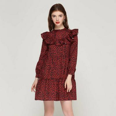 M/L Size OYK8636 Women Vintage Leopard Pattern Sweet Ruffles Long Sleeve O-Neck Pleated Casual Straight Dress 