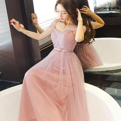 Bowknot Pink Long Sweetheart Tulle Pleated Prom Dresses Junior Bridesmaid Gown Party Pageant Wedding Evening Dresses