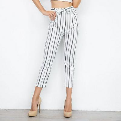 S/M/L/XL Size Stripe Pattern Summer Occident Fashion High Waist Women Comfortable Cropped Pants with Waist Belt 