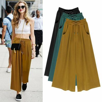 Woman Wide Pants Loose Drawstring Casual Ankle-Length Pockets Female Trousers Summer Harem Pants 