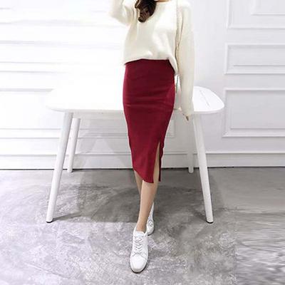 One Size Summer Sexy Chic Women Ribbed Cotton Fabric Package Hip Split High Waist Elestic Pencil Skirt 