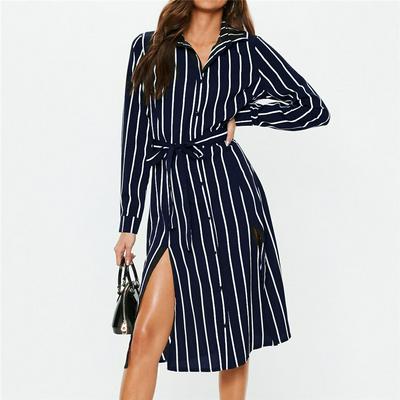 Slim Waist Strap Up Women Dress Summer Striped Flutter Chiffon Beach Casual Tunic Long Sleeve Office Dress Elegant Party Dress 