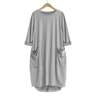 M-2XL Size Solid Color Spring Autumn Women Ladies Round Neck Long Sleeve Casual Pocket Loose Dress 
