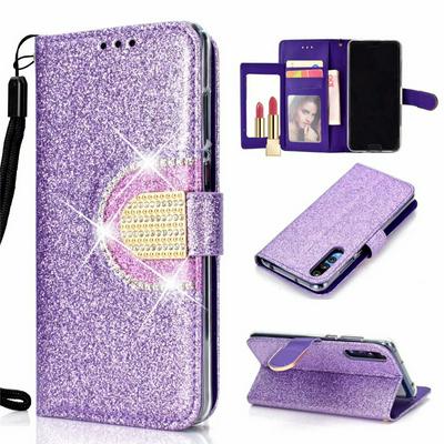 Glitter Powder Diamond Studded Wrist Strap PU Leather + TPU with Mirror Picture Frame Card Slots and Wallet Protective Case for Huawei P20 Pro 