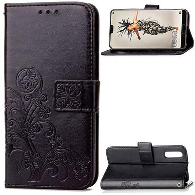 Embossed Four-Leaf Clover Pattern Shockproof Side Flip PU Leather + Soft TPU Card Slots with Wrist Strap Stand and Magnetic Buckle Wallet Protective Case for Huawei P20 
