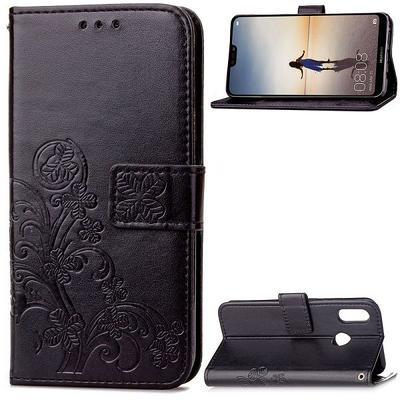 Embossed Four-Leaf Clover Pattern Shockproof Side Flip PU Leather + Soft TPU Card Slots with Wrist Strap Stand and Magnetic Buckle Wallet Protective Case for Huawei P20 Lite / Nova 3e