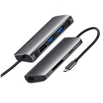 Aluminum 7 In 1 Type-C HUB RJ45 PD Adapter USB Charging 4K HDMI Output SD Card Reader 