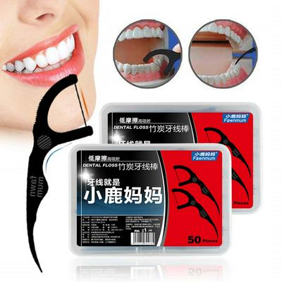 50 Sticks Deer's Mum High Absorption Bamboo Charcoal Floss Stick Deep Oral Cleaning Bow Shape Dental Floss