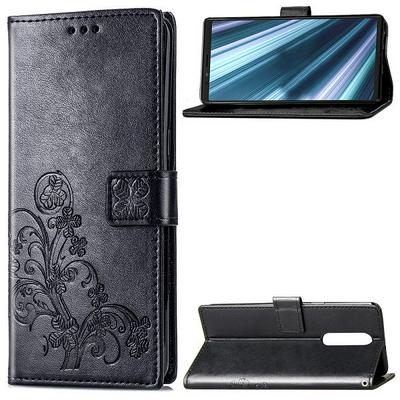 Embossed Four-Leaf Clover Shockproof Side Flip PU Leather + Soft TPU Stand with Magnetic Buckle and Card Slots Wallet Case for Sony Xperia XZ4 / Xperia 1