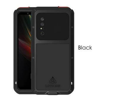 Love Mei Powerful Series Dust-Proof Shockproof Splash-Proof Silicone + Metal + Tempered Glass Support Wireless Charging Back Cover Case for Sony Xperia 1 II