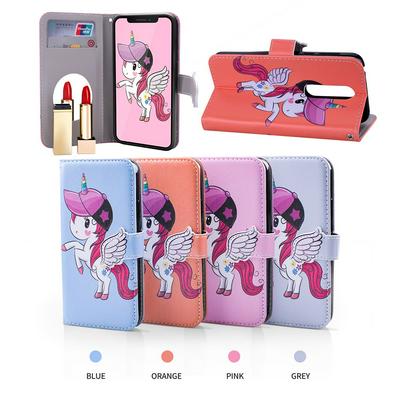 Pegasus Unicorn Pattern with Makeup Mirror PU Leather + Soft TPU with Stand Support and Card Holder and Wallet Slots Protective Case for Nokia 7.1
