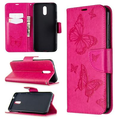 Embossed Two Butterflies Pattern Shock-Absorption Side Flip PU Leather + Soft TPU Card Slots with Magnetic Buckle and Stand Wallet Case for Nokia 2.3