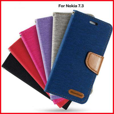 Lightweight Slim Folio Flip Pattern Premium Retro Leather Oxford Cloth Leather + TPU Wallet Case with Magnetic Closure and Picture Card Slots Stand for Nokia 7.3