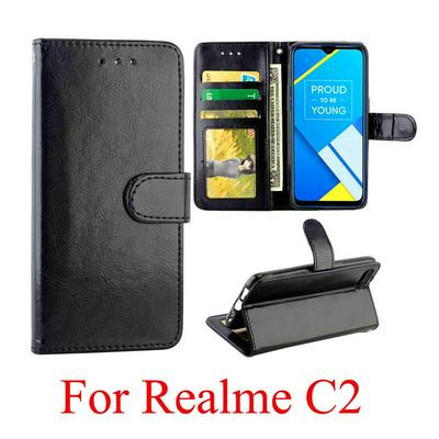 Crazy Horse Pattern Folded Photo Frame Left and Right Open Scratch Resistant PU Leather Phone Cover with Stand and Card Slots for OPPO Realme C2