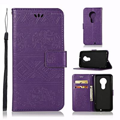 Elephant Embossed Pattern Side Flip PU Leather + Soft TPU Card Slots with Wrist Strap and Stand Wallet Protective Case for Motorola Moto G7 