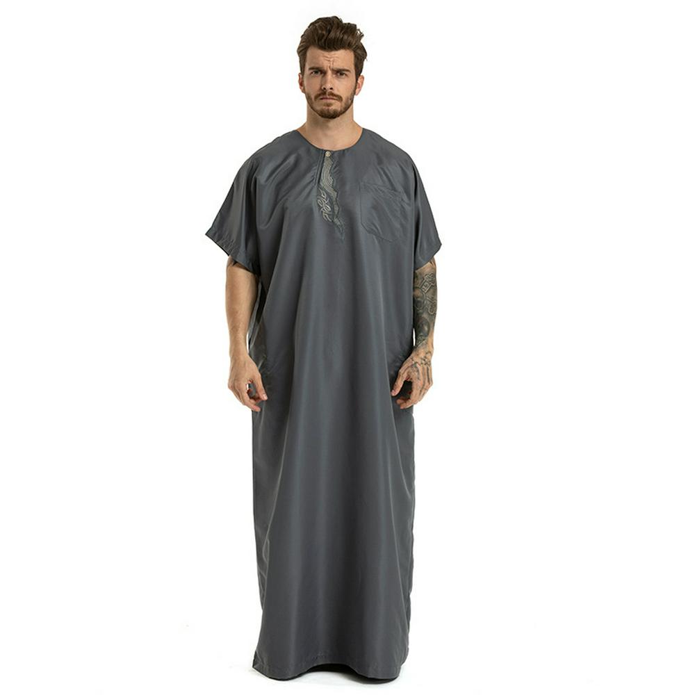 Men's Thobe with Short Sleeves Embroidery Muslim Wear Arabic Thobe