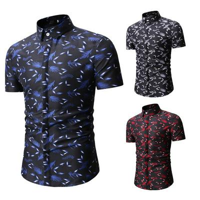 Men's Summer Beach Shirt Leaves-printed Button-down Top with Short Sleeves