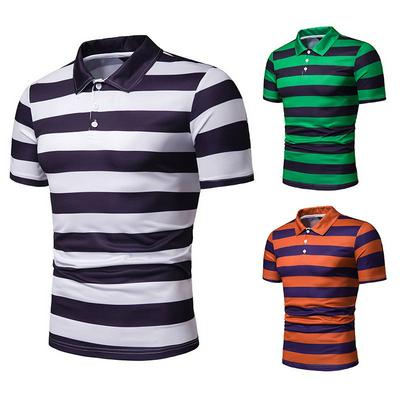 Men's Summer Polo Shirt White and Black Striped Casual Top with Button Down Collar