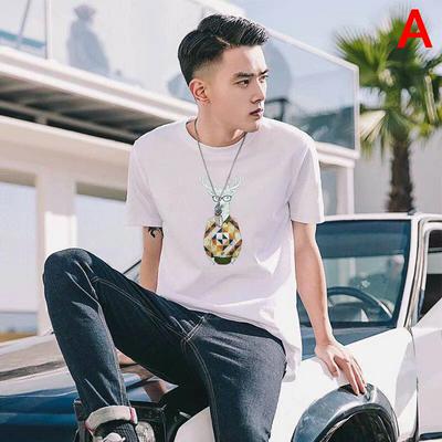 Deer Bat Painted Summer Korean Style Men's Short Sleeve T-shirt Round Neck Japan Boy's Tops