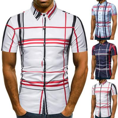 Men's Button Down Shirts Plaid Striped Top with Collar for Summer