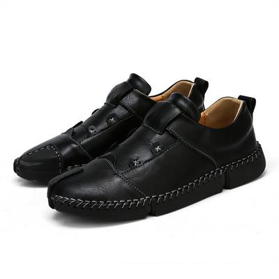 Men's Genuine Leather Loafer Casual Slip-on Shoes with Decorative Seam on Upper - Black