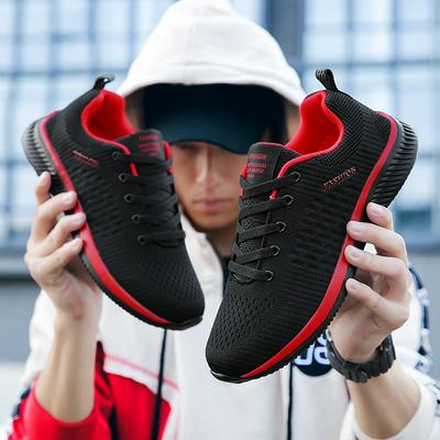 Men's Light Sneakers Lace-up Running Shoes Mesh Cotton Upper and Ruber Sole-Red