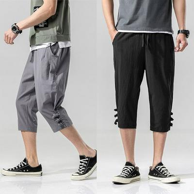 Men's Capri Shorts Casual Drawstring Pants Plain Color Shorts - Black, Grey