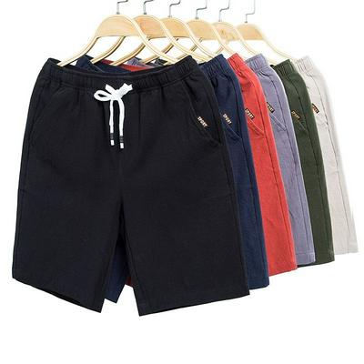 Men's Beach Shorts Casual Cotton Linen Bottoms with Drawstring Fastener - Navy Blue, Grey