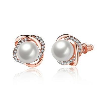 Elegant Stylish Rose Gold Plated Pearl Flower Stud Earrings Women Jewelry