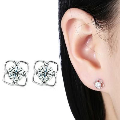 SH-E0052 Pure Silver Tone Clear Cubic Zirconia Orchid Flower White Hoop Huggie Earrings Ear Decoration 