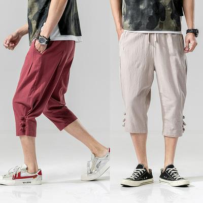 Men's Capri Shorts Casual Drawstring Pants Plain Color Shorts - Wine Red, Khaki