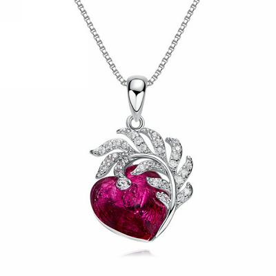 P1045B-S Silver Heart + Feather Pendant Necklaces for Women Swarovski Crystal Jewelry Gifts for Girls Mother