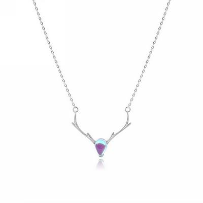 7451 Jewelry Deer Antler Necklace with Created Opal Moonstone S925 Pure Silver