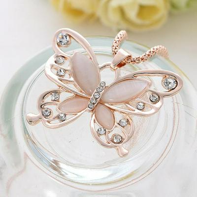 Women's Rose Gold Butterfly Necklace Gorgeous Hollow Crystal Studded Pendant Necklace