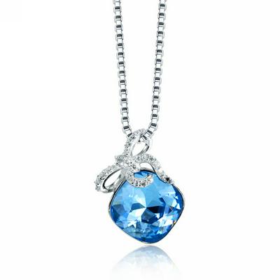  S925 Sterling Silver Fashion Simple Pendants Austria Crystal Retro Blue Jewelry
