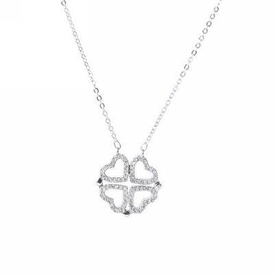 S925 Sterling Silver Four Leaf Clover Convertible Heart Closer Hearts Necklace 7437