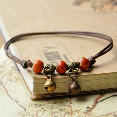 Handmade Ankle Bracelet Ceramic Beads and Distressed Jingle Bell Rings