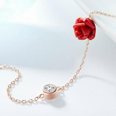 S925 Cute Red Rose Flower Charm Bracelet YB0226 Sterling Silver Wrist Chain