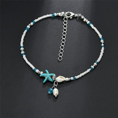 Blue Starfish Ankle Bracelet White Conch Anklet Beaded Decorative Ankle Jewelry