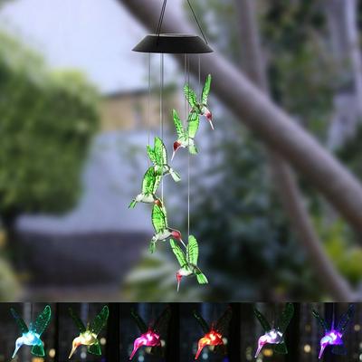 Novelty 6 Color-Changing Hummingbird LED Solar Wind Chimes Hanging Spiral Light for Yard Home Garden Decor Lighting